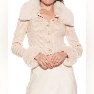 Alexia Admor Cream Ribbed Cardigan with Faux Fur